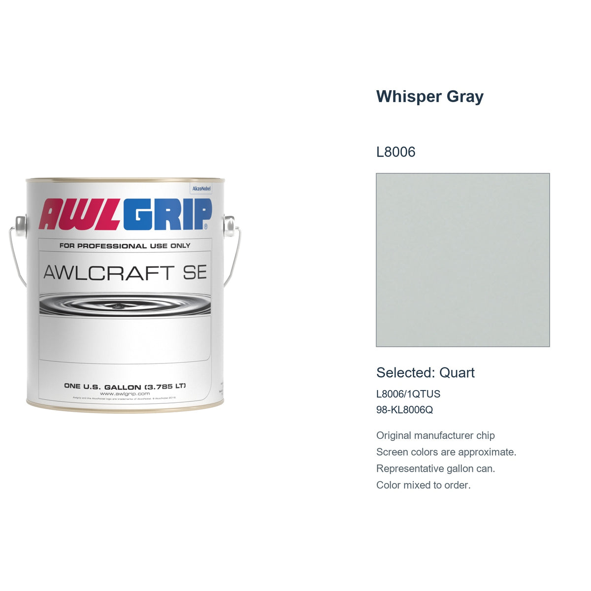 Awlgrip Awlcraft SE Whisper Gray L8006, selected Quart, L8006/1QTUS: original manufacturer chip with representative gallon can