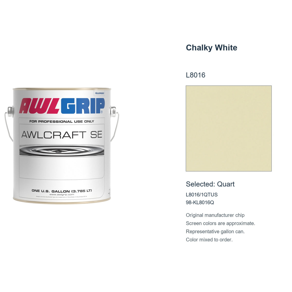 Awlgrip Awlcraft SE Chalky White L8016, selected Quart, L8016/1QTUS: original manufacturer chip with representative gallon can