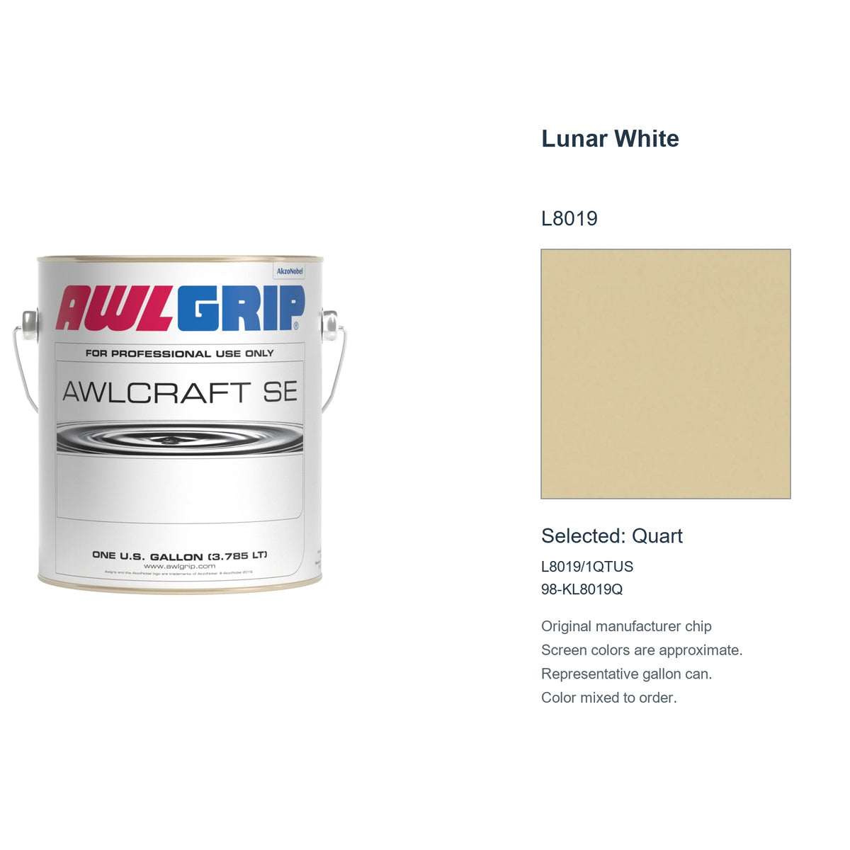 Awlgrip Awlcraft SE Lunar White L8019, selected Quart, L8019/1QTUS: original manufacturer chip with representative gallon can