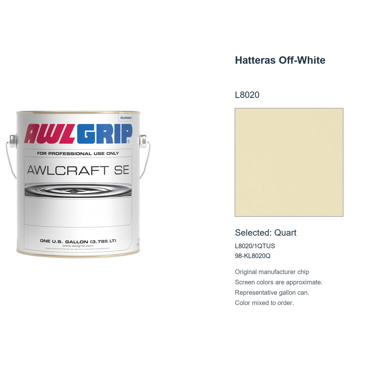 Awlgrip Awlcraft SE Hatteras Off-White L8020, selected Quart, L8020/1QTUS: original manufacturer chip with representative gallon can