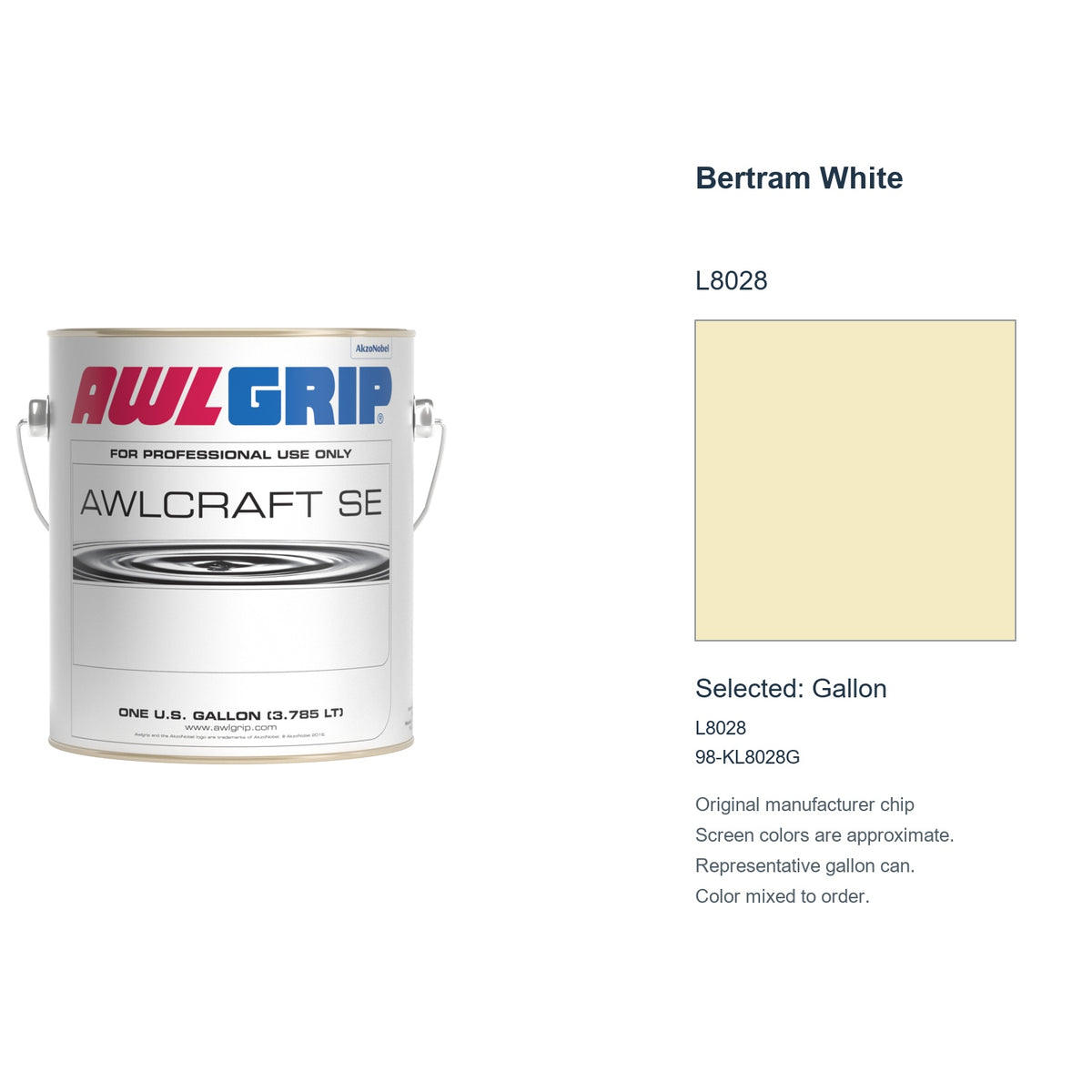 Awlgrip Awlcraft SE Bertram White L8028, selected Gallon, L8028: original manufacturer chip with representative gallon can