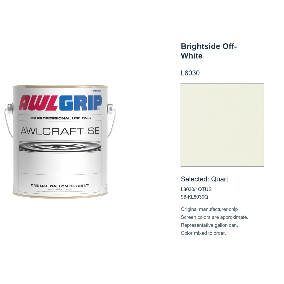 Awlgrip Awlcraft SE Brightside Off-White L8030, selected Quart, L8030/1QTUS: original manufacturer chip with representative gallon can