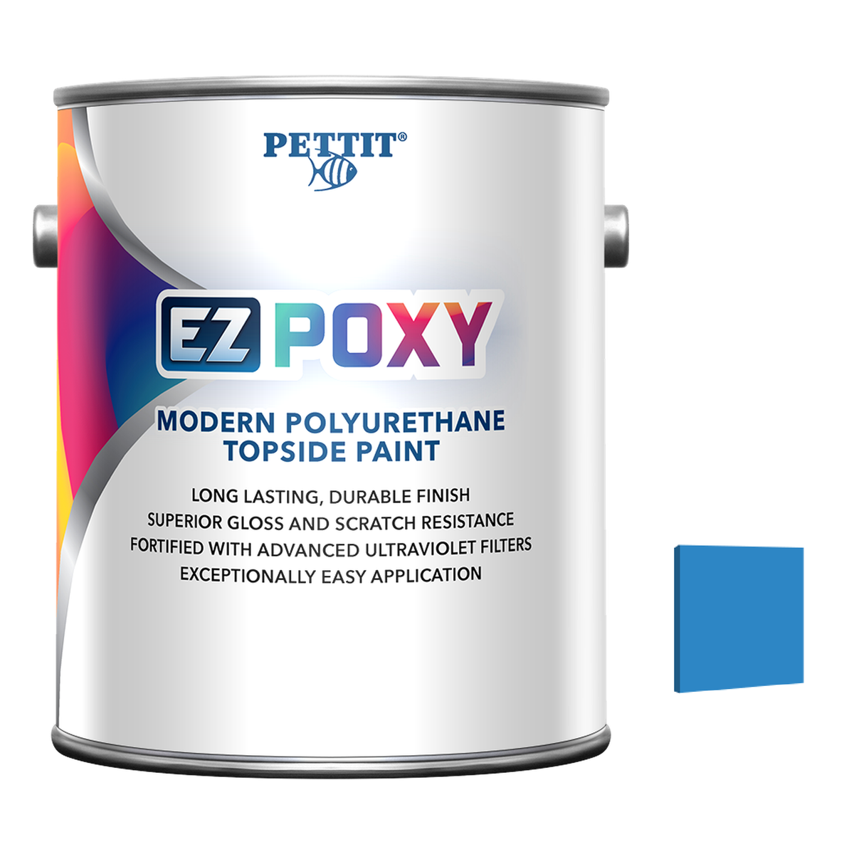 Pettit EZ-Poxy packaging with official Medium Blue color swatch
