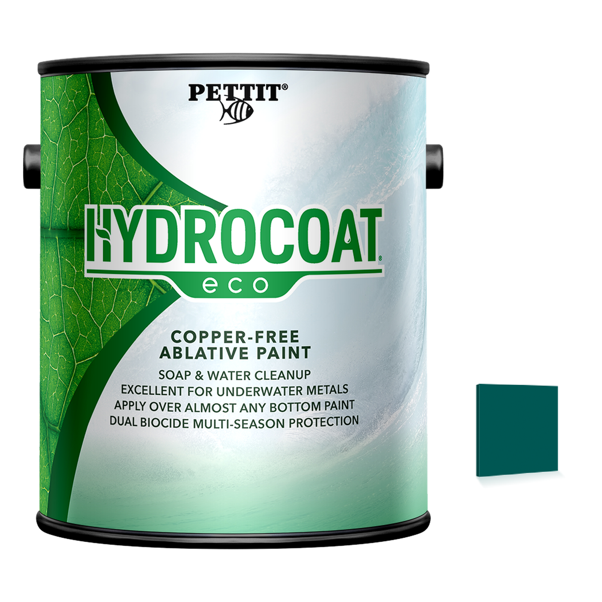 Pettit Hydrocoat ECO packaging with official Green color swatch
