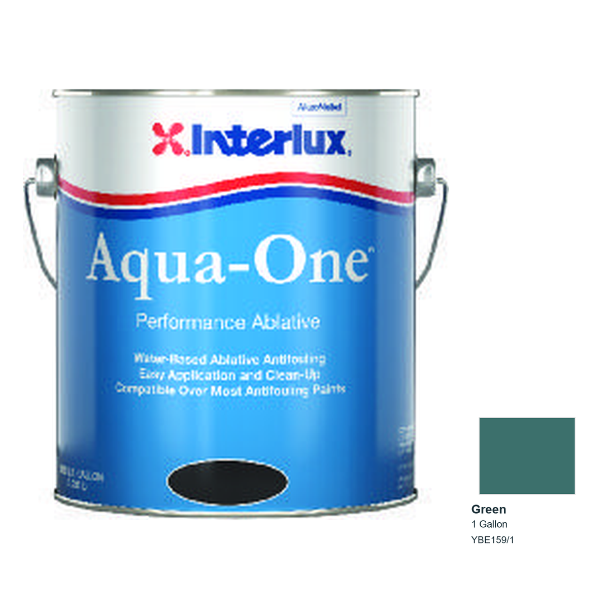 Interlux Aqua-One Antifouling Bottom Paint — Green — 1 Gallon — YBE159/1; manufacturer can illustration with original manufacturer color swatch