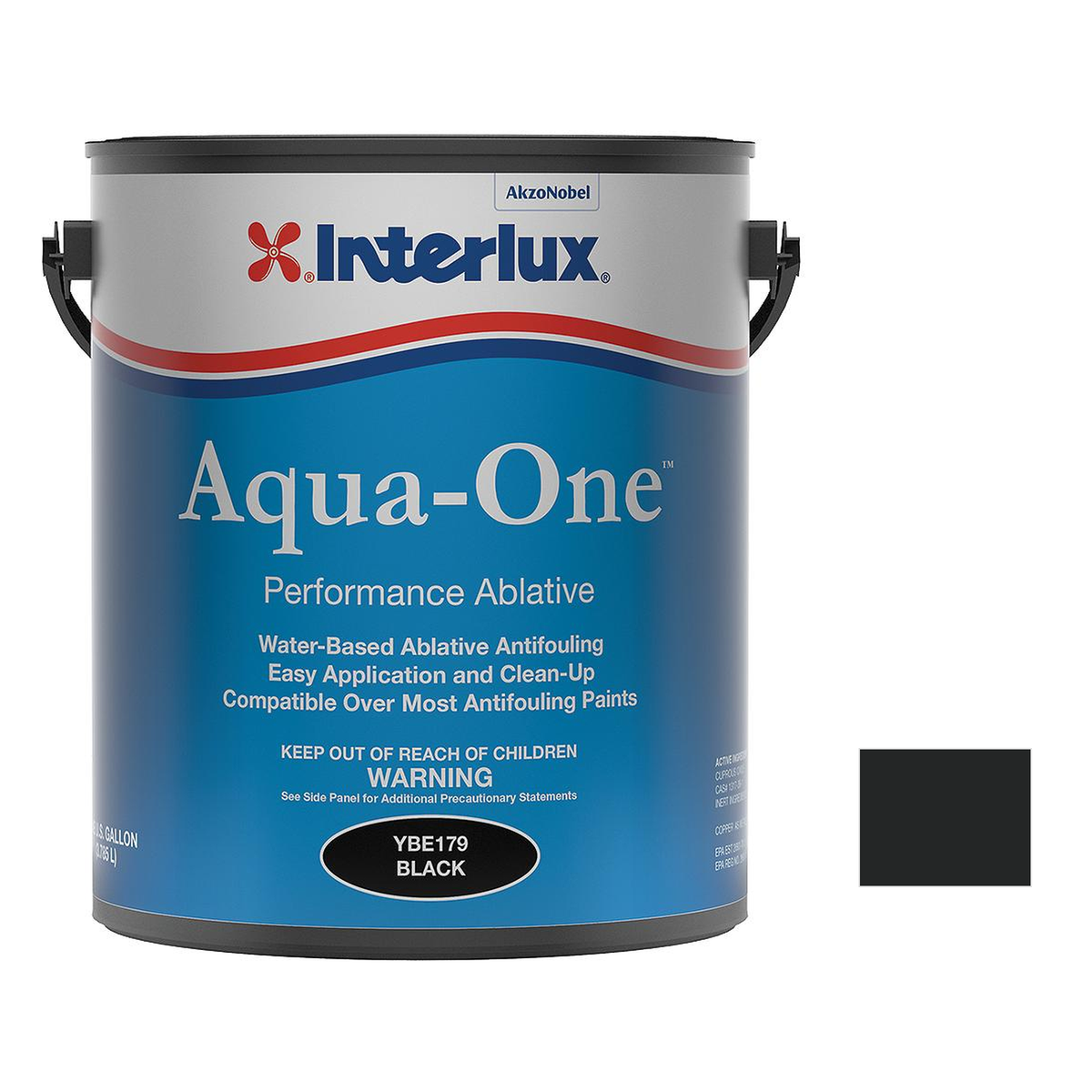 Interlux aqua one representative 1 Gallon packaging with manufacturer YBE179 Black swatch