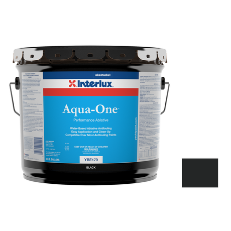 Interlux aqua one representative 3 Gallon Pail packaging with manufacturer YBE179 Black swatch