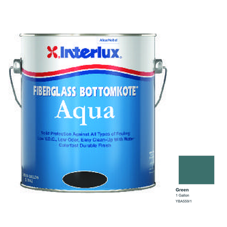 Interlux Fiberglass Bottomkote Aqua Antifouling Bottom Paint — Green — 1 Gallon — YBA559/1; manufacturer can illustration with original manufacturer color swatch