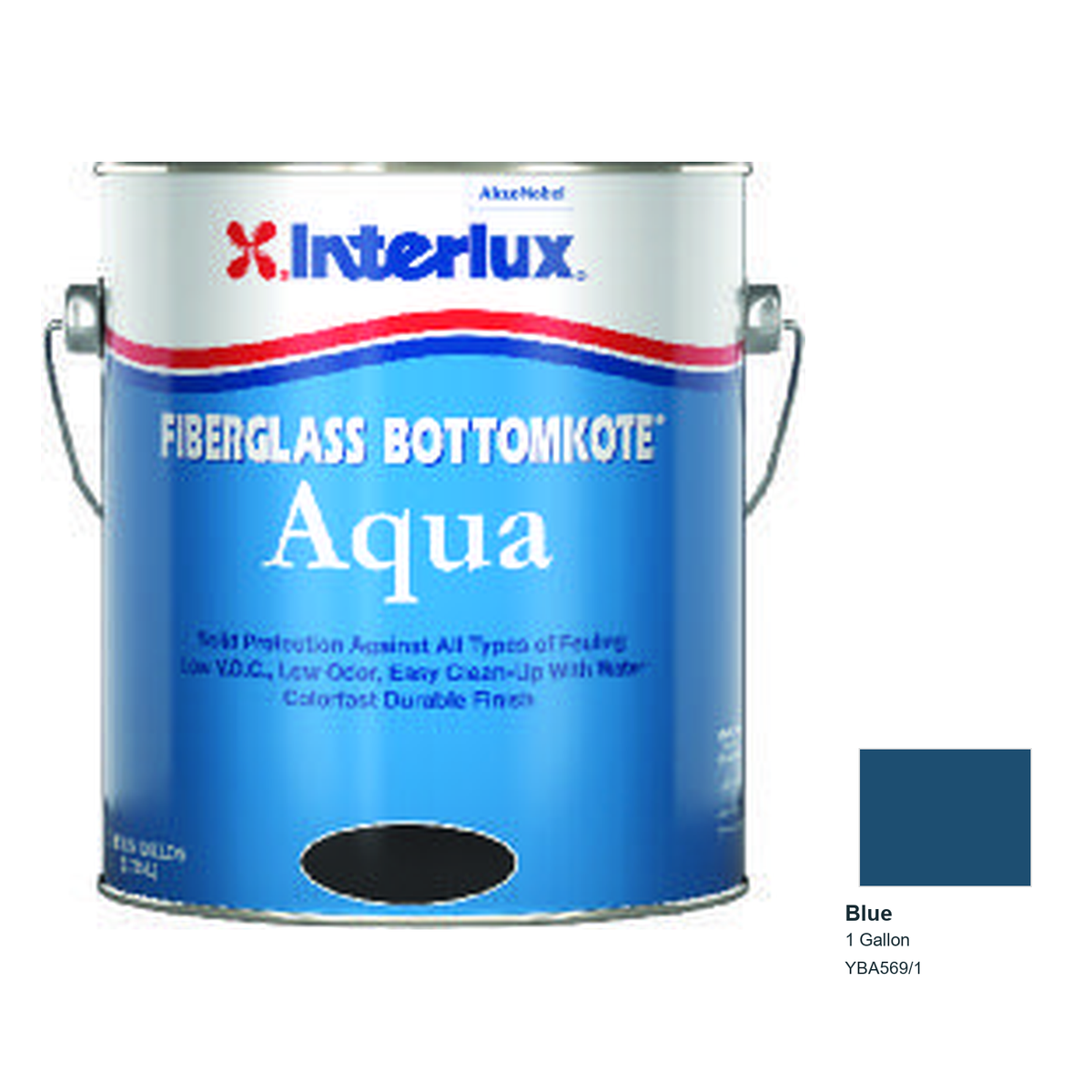 Interlux Fiberglass Bottomkote Aqua Antifouling Bottom Paint — Blue — 1 Gallon — YBA569/1; manufacturer can illustration with original manufacturer color swatch