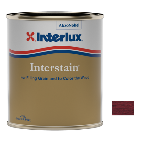 Interlux interstain representative 1 Pint packaging with manufacturer Y1579 Red Mahogany swatch