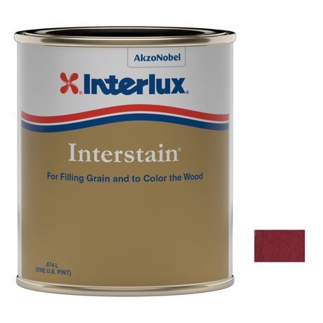 Interlux interstain representative 1 Pint packaging with manufacturer Y573 C.C. Red Mahogany swatch