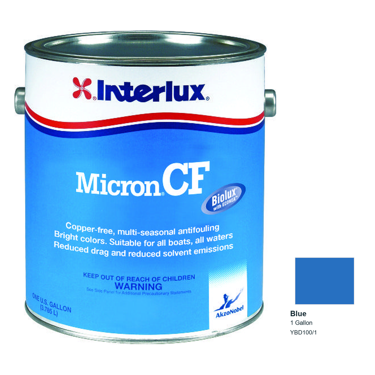 Interlux Micron CF Antifouling Bottom Paint — Blue — 1 Gallon — YBD100/1; manufacturer can illustration with original manufacturer color swatch