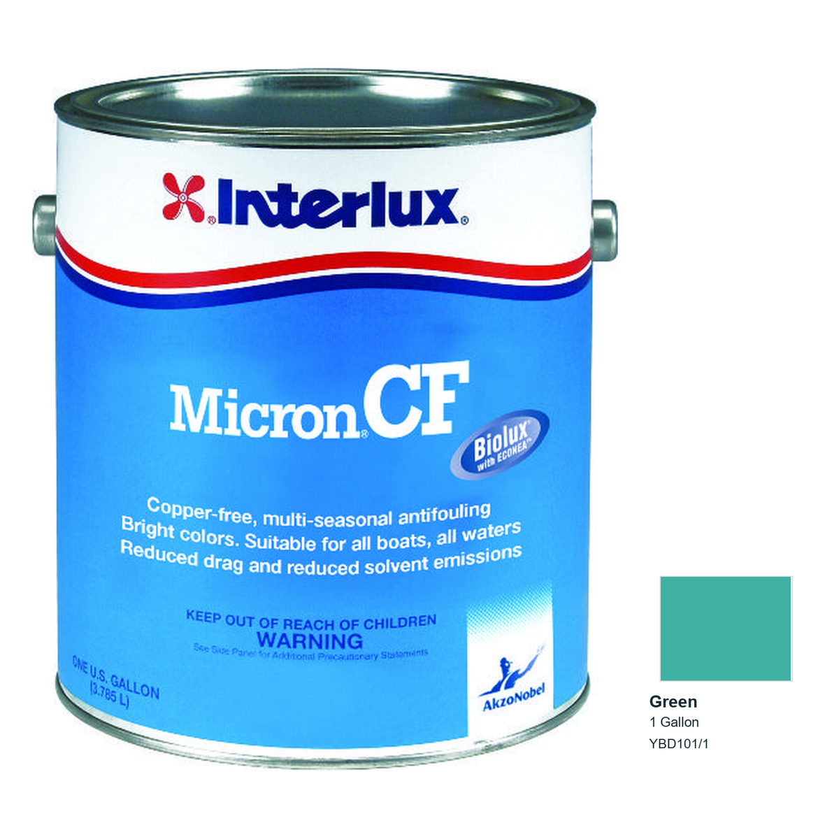 Interlux Micron CF Antifouling Bottom Paint — Green — 1 Gallon — YBD101/1; manufacturer can illustration with original manufacturer color swatch