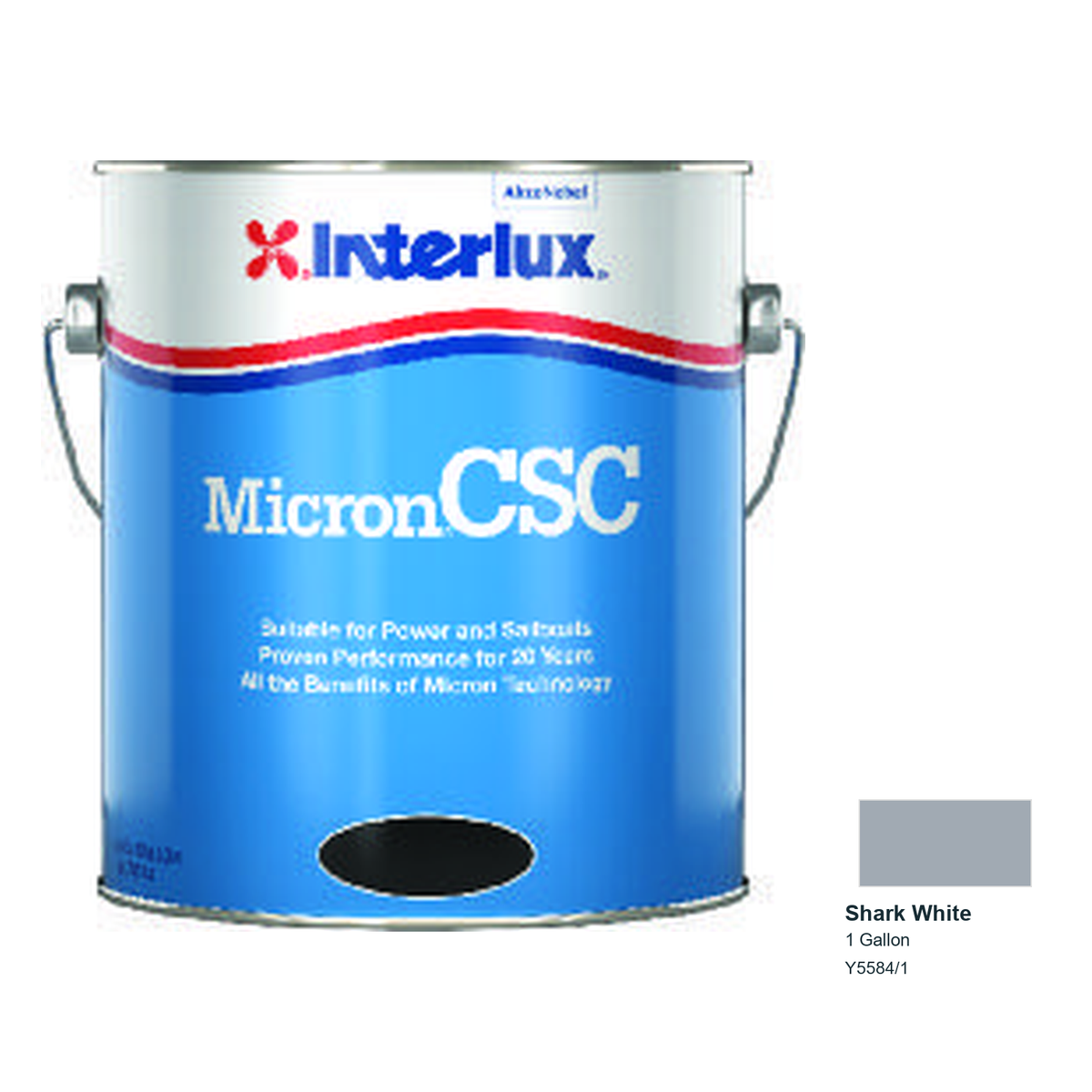 Interlux Micron CSC Antifouling Bottom Paint — Shark White — 1 Gallon — Y5584/1; manufacturer can illustration with original manufacturer color swatch