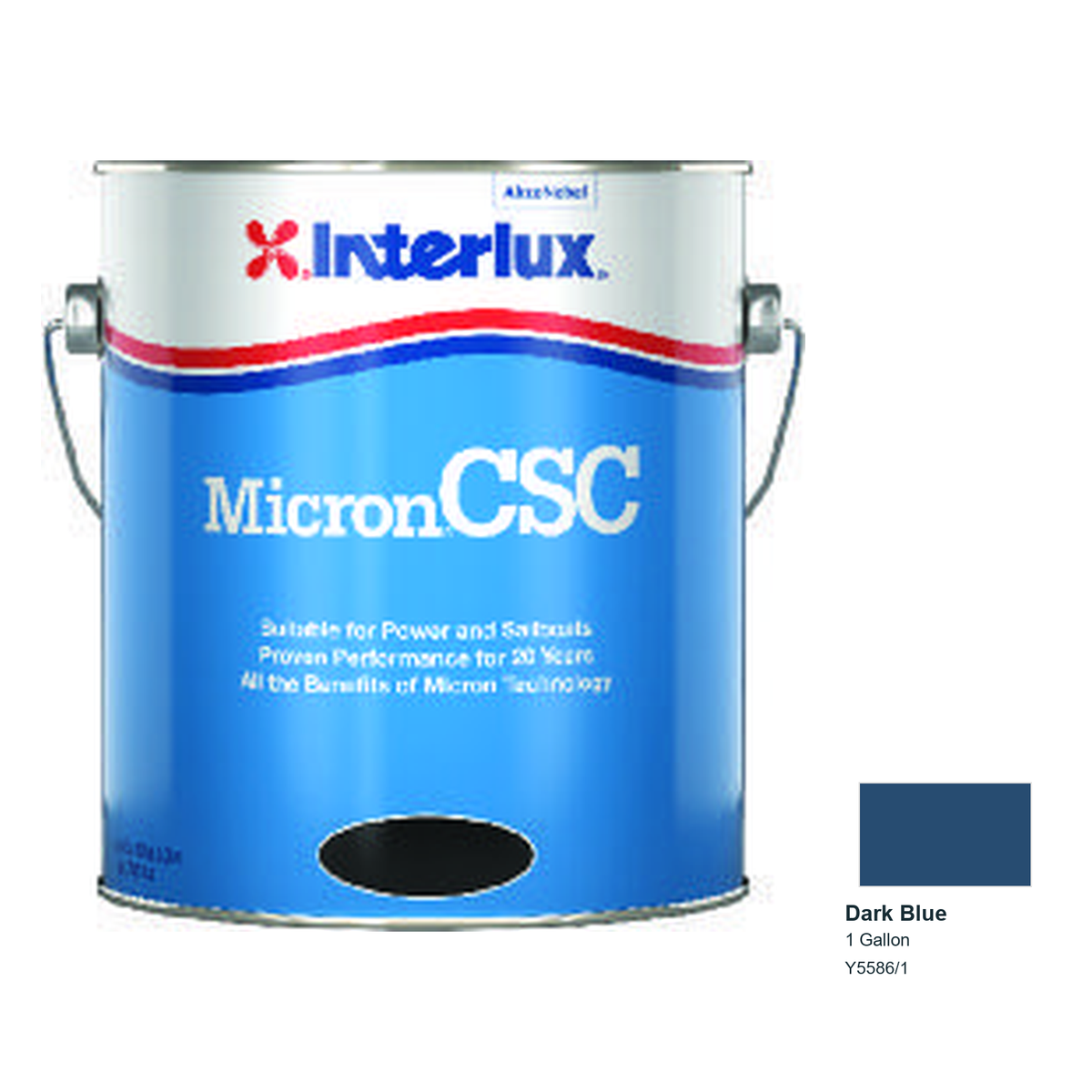Interlux Micron CSC Antifouling Bottom Paint — Dark Blue — 1 Gallon — Y5586/1; manufacturer can illustration with original manufacturer color swatch