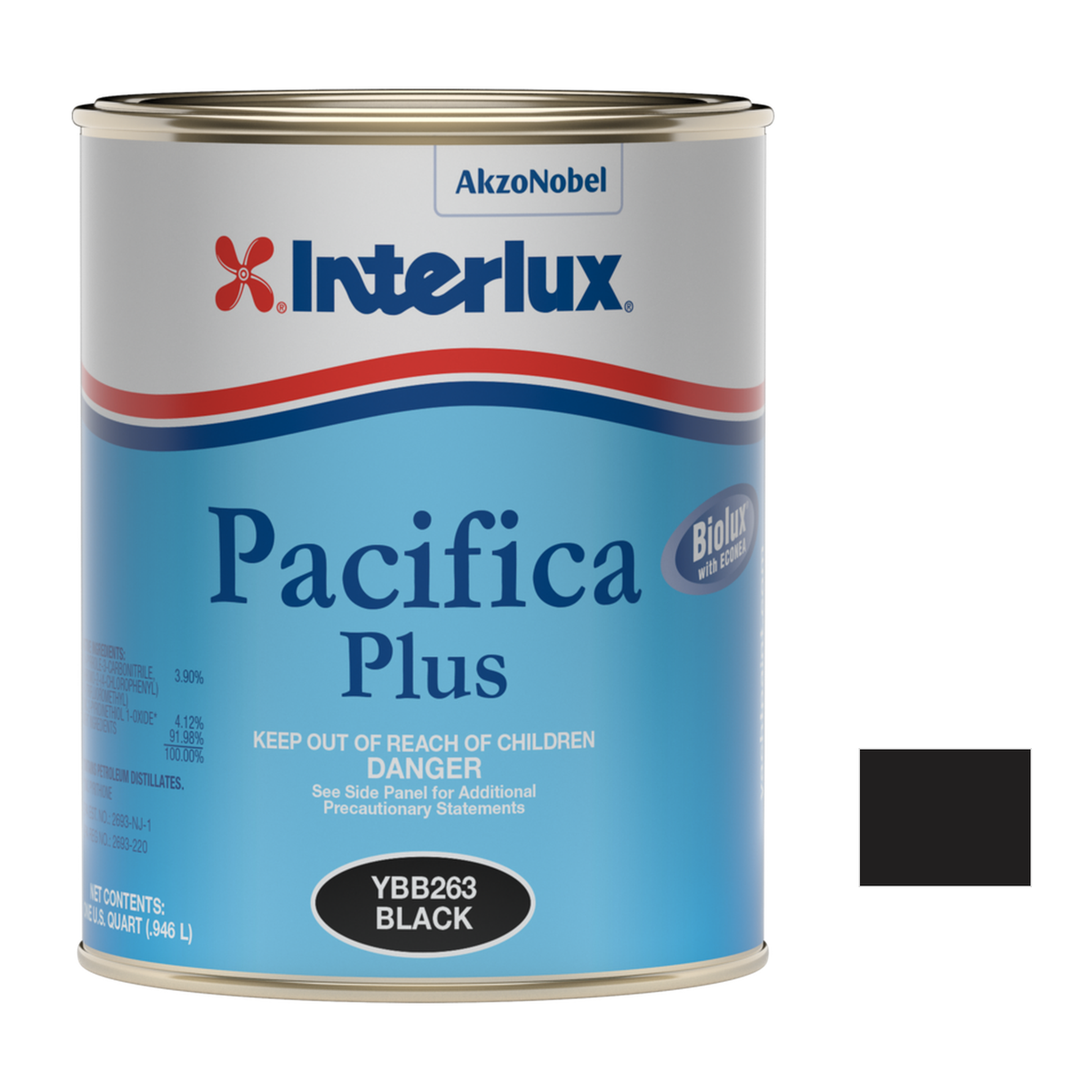 Interlux pacifica plus representative 1 Quart packaging with manufacturer YBB263 Black swatch
