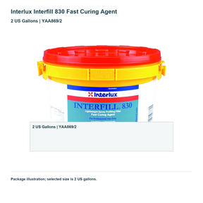Interlux Interfill 830 Fast Curing Agent — 2 US Gallons | YAA869/2. Package illustration; selected size is 2 US gallons.