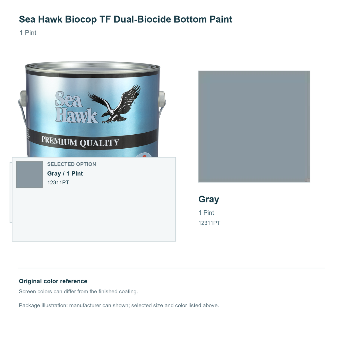 Sea Hawk Biocop TF Dual-Biocide Bottom Paint - 1 Pint - Gray - manufacturer can illustration with selected-option panel and original swatch