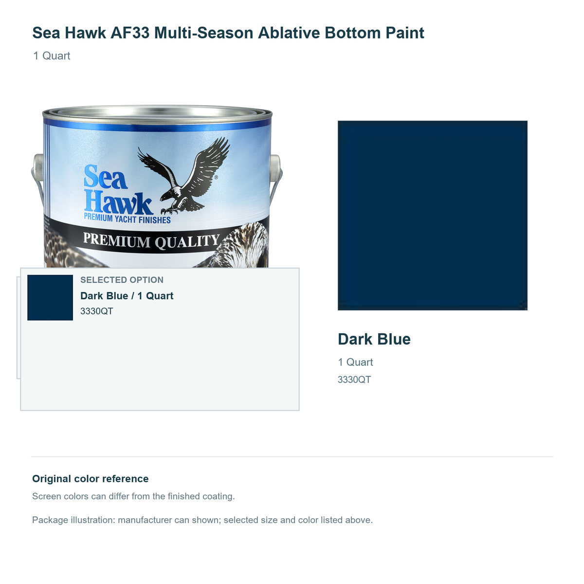 Sea Hawk AF33 Multi-Season Ablative Bottom Paint - 1 Quart - Dark Blue - manufacturer can illustration with selected-option panel and original swatch