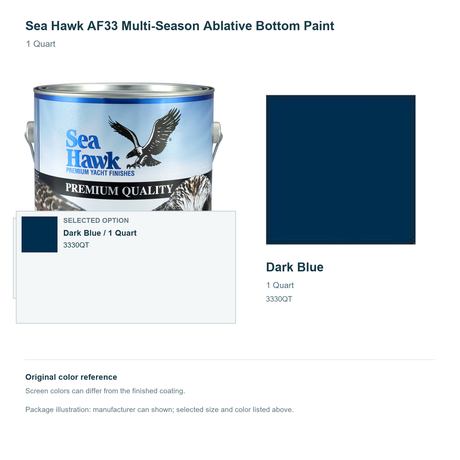 Sea Hawk AF33 Multi-Season Ablative Bottom Paint - 1 Quart - Dark Blue - manufacturer can illustration with selected-option panel and original swatch
