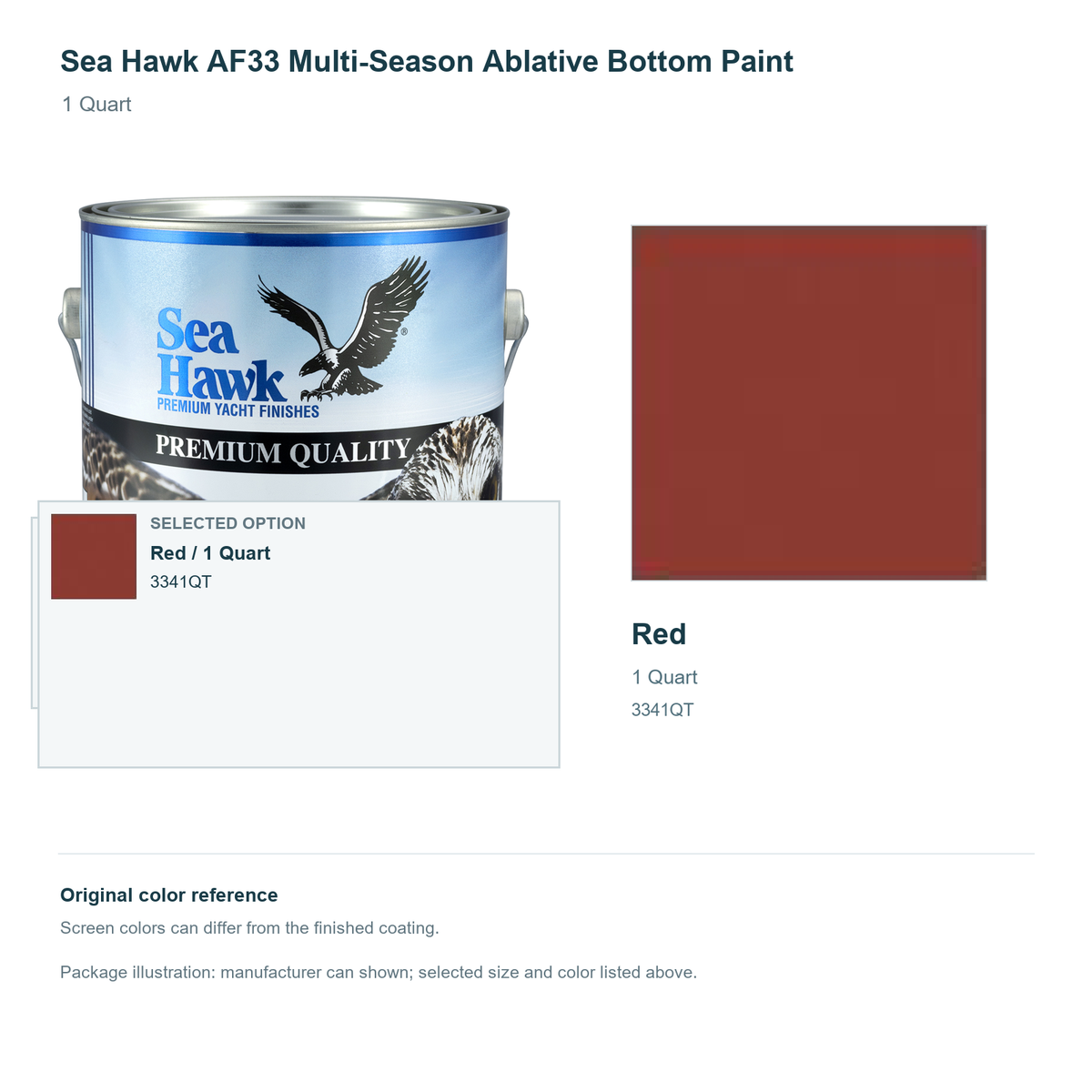 Sea Hawk AF33 Multi-Season Ablative Bottom Paint - 1 Quart - Red - manufacturer can illustration with selected-option panel and original swatch