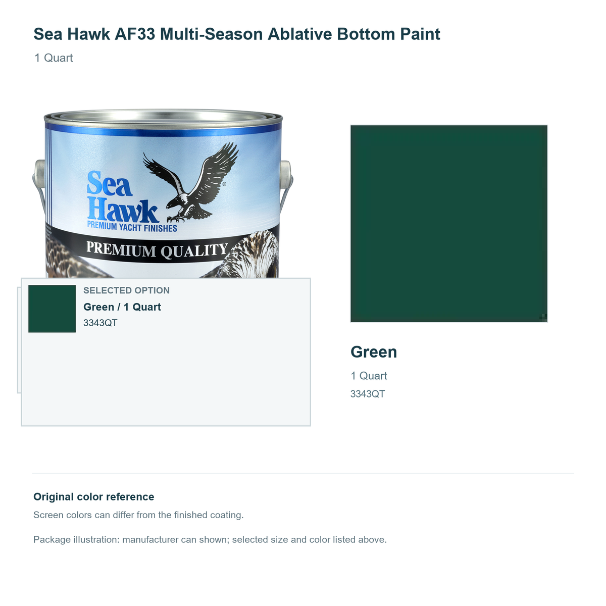 Sea Hawk AF33 Multi-Season Ablative Bottom Paint - 1 Quart - Green - manufacturer can illustration with selected-option panel and original swatch