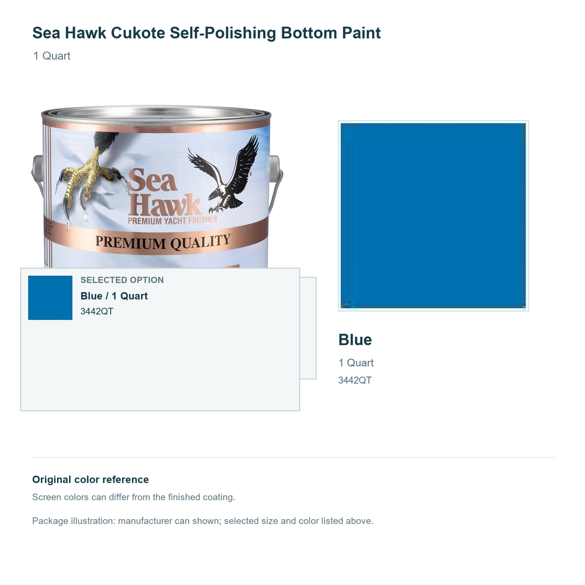 Sea Hawk Cukote Self-Polishing Bottom Paint - 1 Quart - Blue - manufacturer can illustration with selected-option panel and original swatch