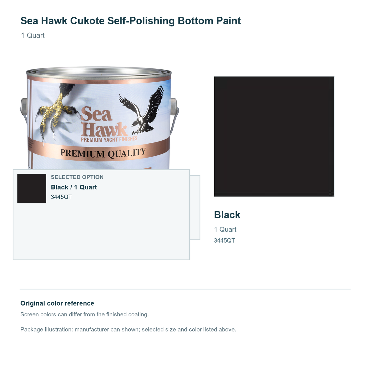 Sea Hawk Cukote Self-Polishing Bottom Paint - 1 Quart - Black - manufacturer can illustration with selected-option panel and original swatch
