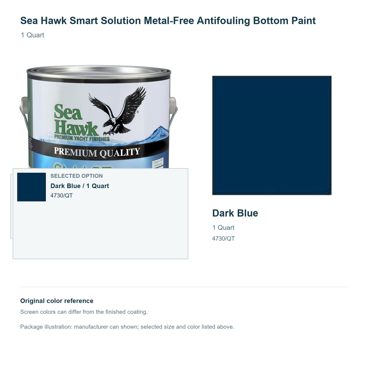 Sea Hawk Smart Solution Metal-Free Antifouling Bottom Paint - 1 Quart - Dark Blue - manufacturer can illustration with selected-option panel and original swatch