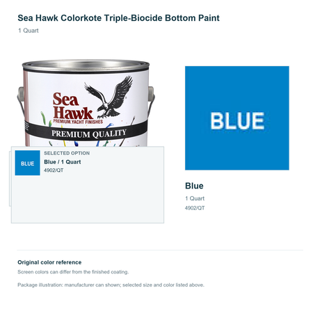 Sea Hawk Colorkote Triple-Biocide Bottom Paint - 1 Quart - Blue - manufacturer can illustration with selected-option panel and original swatch