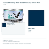 Sea Hawk Monterey Water-Based Antifouling Bottom Paint - 1 Quart - Dark Blue - manufacturer can illustration with selected-option panel and original swatch