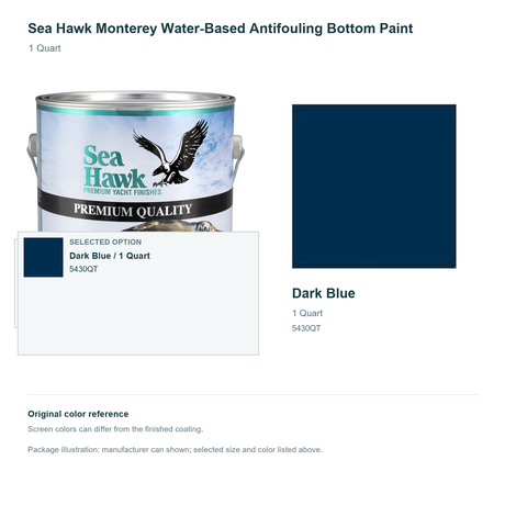 Sea Hawk Monterey Water-Based Antifouling Bottom Paint - 1 Quart - Dark Blue - manufacturer can illustration with selected-option panel and original swatch