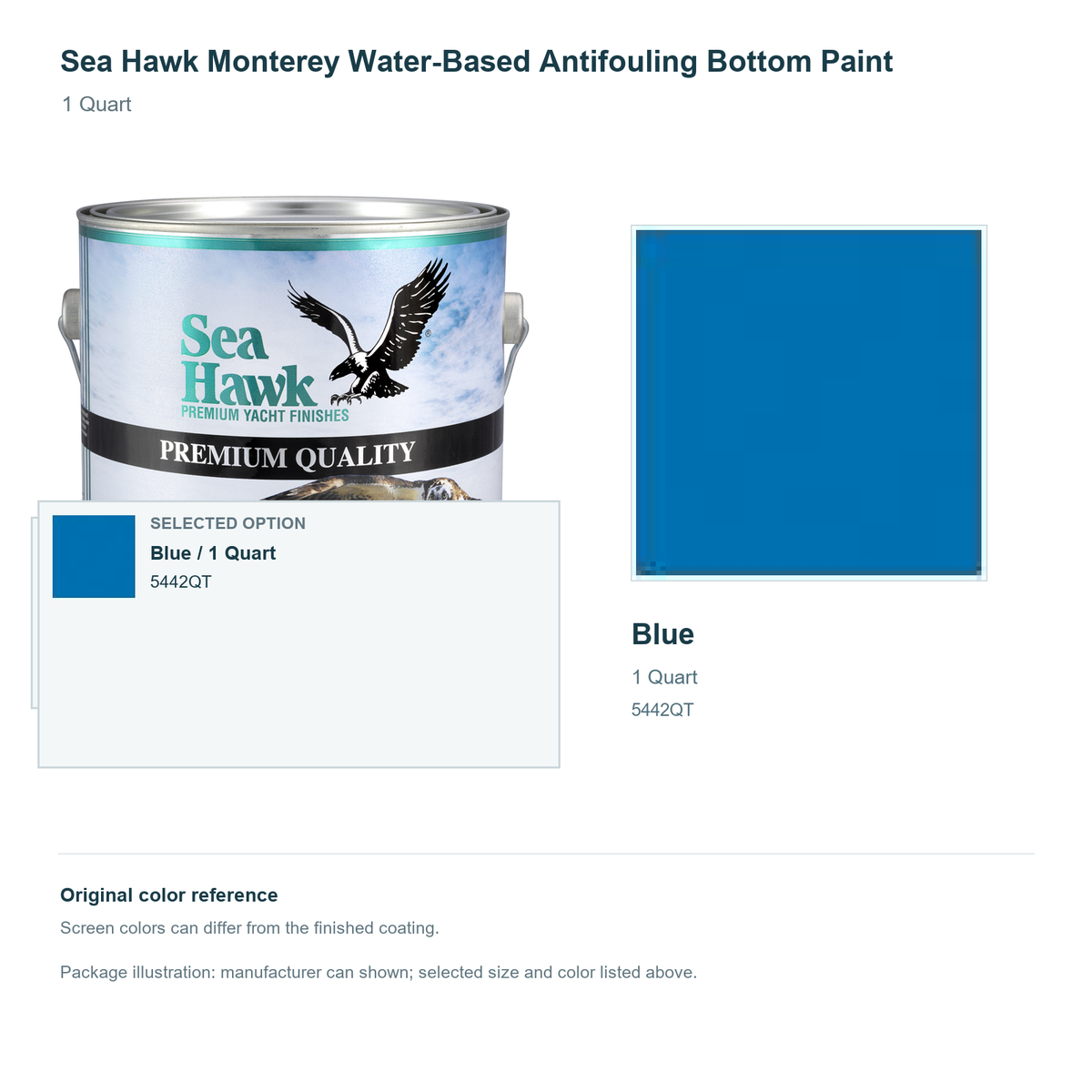 Sea Hawk Monterey Water-Based Antifouling Bottom Paint - 1 Quart - Blue - manufacturer can illustration with selected-option panel and original swatch