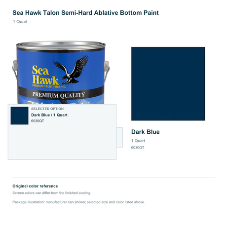 Sea Hawk Talon Semi-Hard Ablative Bottom Paint - 1 Quart - Dark Blue - manufacturer can illustration with selected-option panel and original swatch