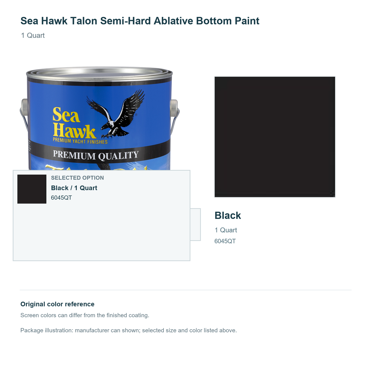 Sea Hawk Talon Semi-Hard Ablative Bottom Paint - 1 Quart - Black - manufacturer can illustration with selected-option panel and original swatch