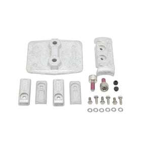 OEM Quicksilver 8M0205956 aluminum anode kit showing six anodes and mounting hardware for Mercury V8 Verado outboards