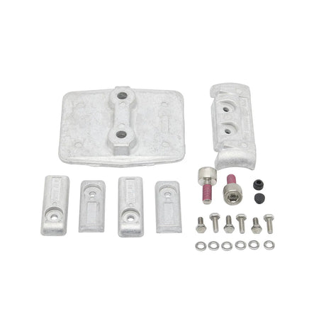 OEM Quicksilver 8M0205956 aluminum anode kit showing six anodes and mounting hardware for Mercury V8 Verado outboards